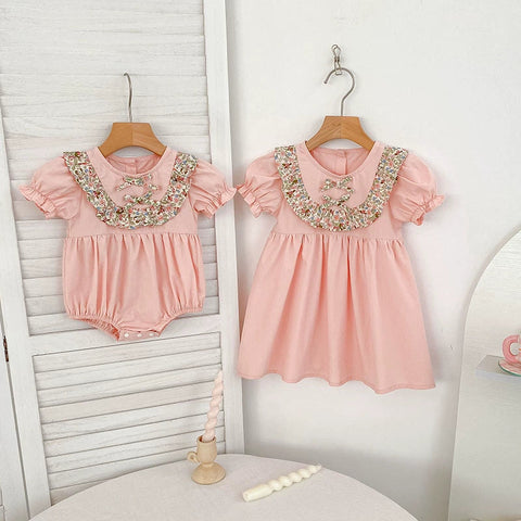 Summer Baby Girls French-style Flowers Pattern Short Sleeves Color Patchwork Onesies and Dress – Princess Sister Matching Set
