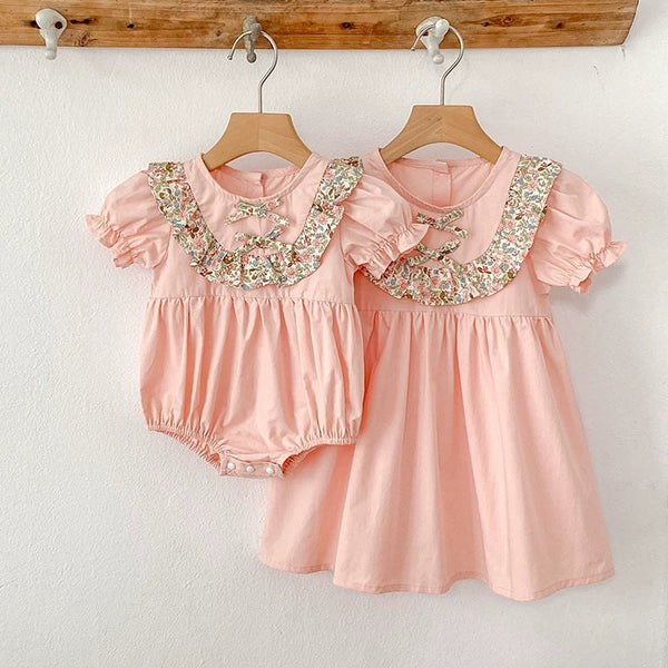 Summer Baby Girls French-style Flowers Pattern Short Sleeves Color Patchwork Onesies and Dress – Princess Sister Matching Set
