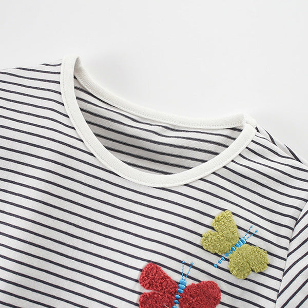 Summer Girls’ Butterfly Pattern Striped T-shirt in European and American Style