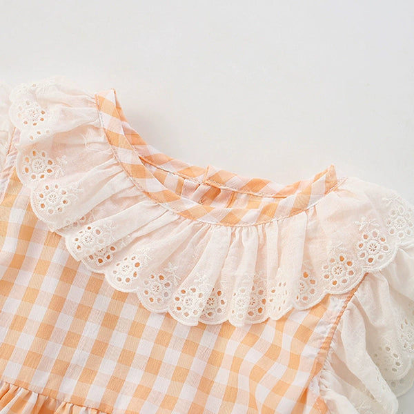 Summer Arrival Plaid Pattern Fly Sleeves Lace Decorated Dress for Stylish Girls