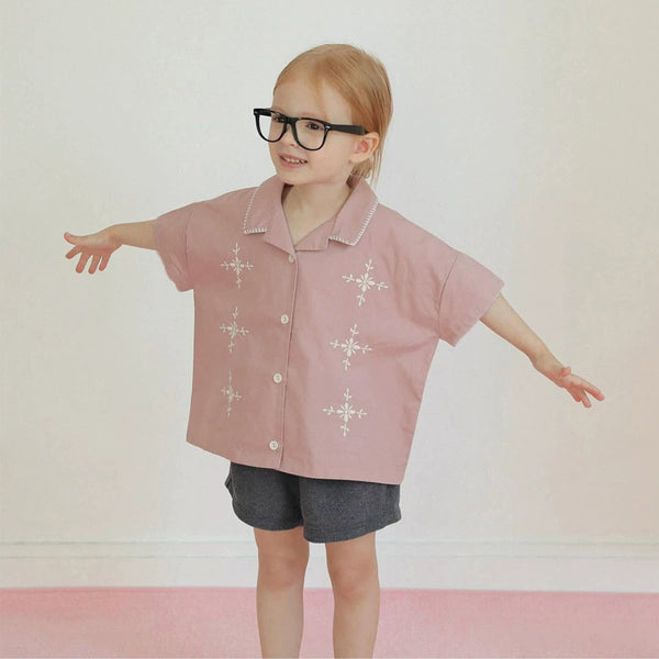 Summer Hot Selling Baby Kids Girls Short Sleeves Flowers Pattern Embroidered Shirt