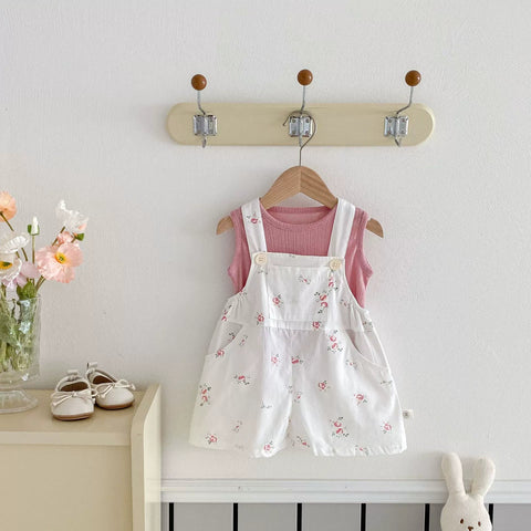 Summer Arrival Baby Kids Girls Sleeveless Floral Pattern Strap Overalls and Pink Vest Clothing Set