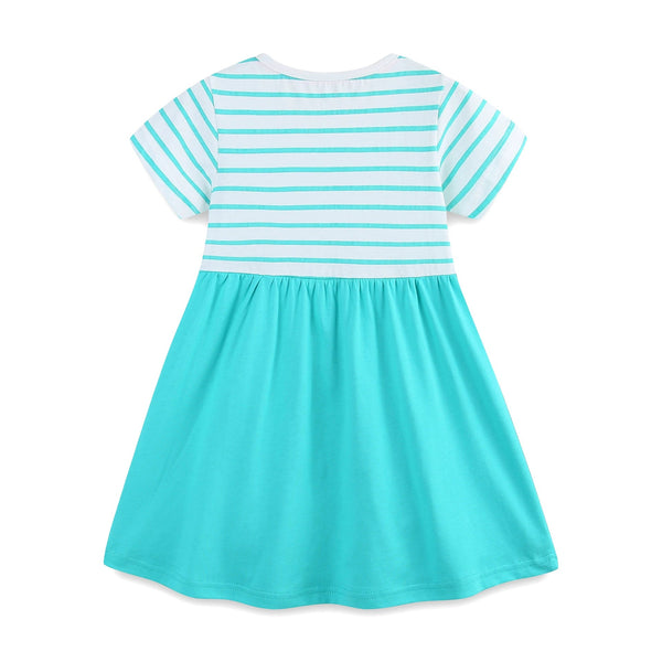 Summer Arrival Animals Cartoon Pattern Short Sleeves Striped Dress for Stylish Girls