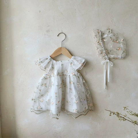 Summer Hot Selling Baby Kids Girls Fly Sleeves Flowers Embroidered Tulle Design Princess Dress with Hat