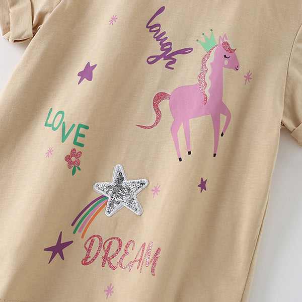Summer Kids’ Cartoon Horse and Letters Pattern T-shirt in European and American Style