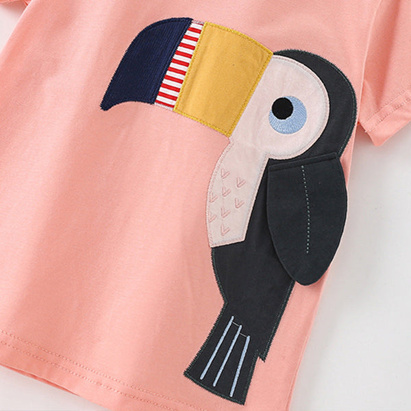 Summer Girls’ Bird Cartoon Pattern Pink T-shirt in European and American Style