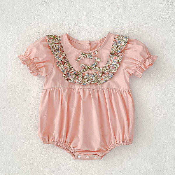 Summer Baby Girls French-style Flowers Pattern Short Sleeves Color Patchwork Onesies and Dress – Princess Sister Matching Set