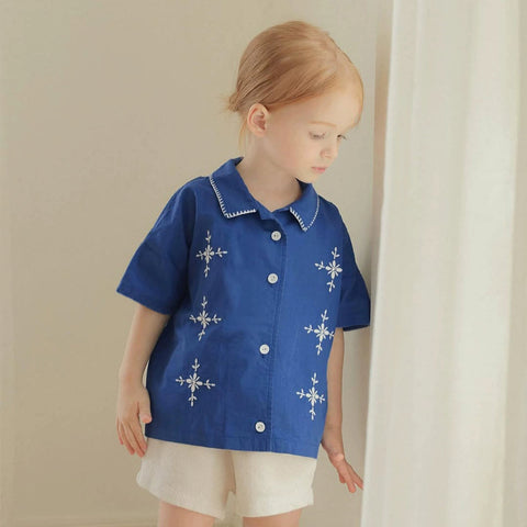 Summer Hot Selling Baby Kids Girls Short Sleeves Flowers Pattern Embroidered Shirt