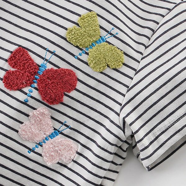 Summer Girls’ Butterfly Pattern Striped T-shirt in European and American Style