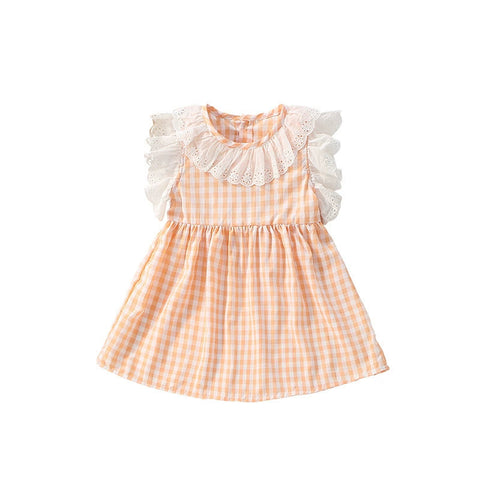 Summer Arrival Plaid Pattern Fly Sleeves Lace Decorated Dress for Stylish Girls