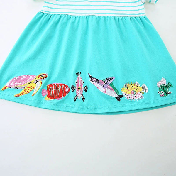 Summer Arrival Animals Cartoon Pattern Short Sleeves Striped Dress for Stylish Girls