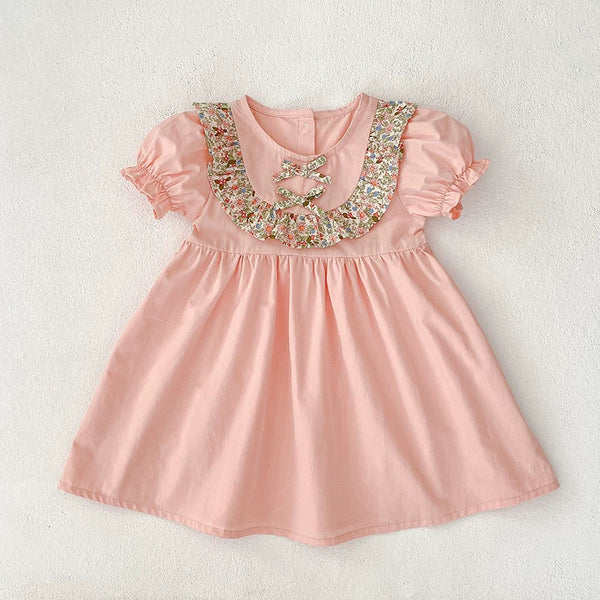 Summer Baby Girls French-style Flowers Pattern Short Sleeves Color Patchwork Onesies and Dress – Princess Sister Matching Set
