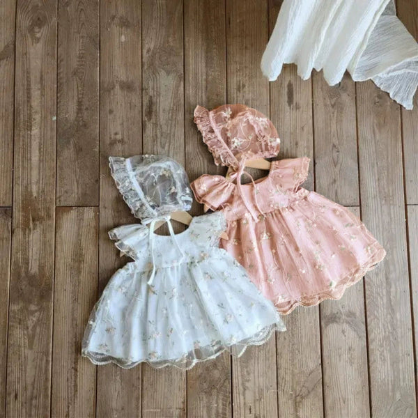 Summer Hot Selling Baby Kids Girls Fly Sleeves Flowers Embroidered Tulle Design Princess Dress with Hat