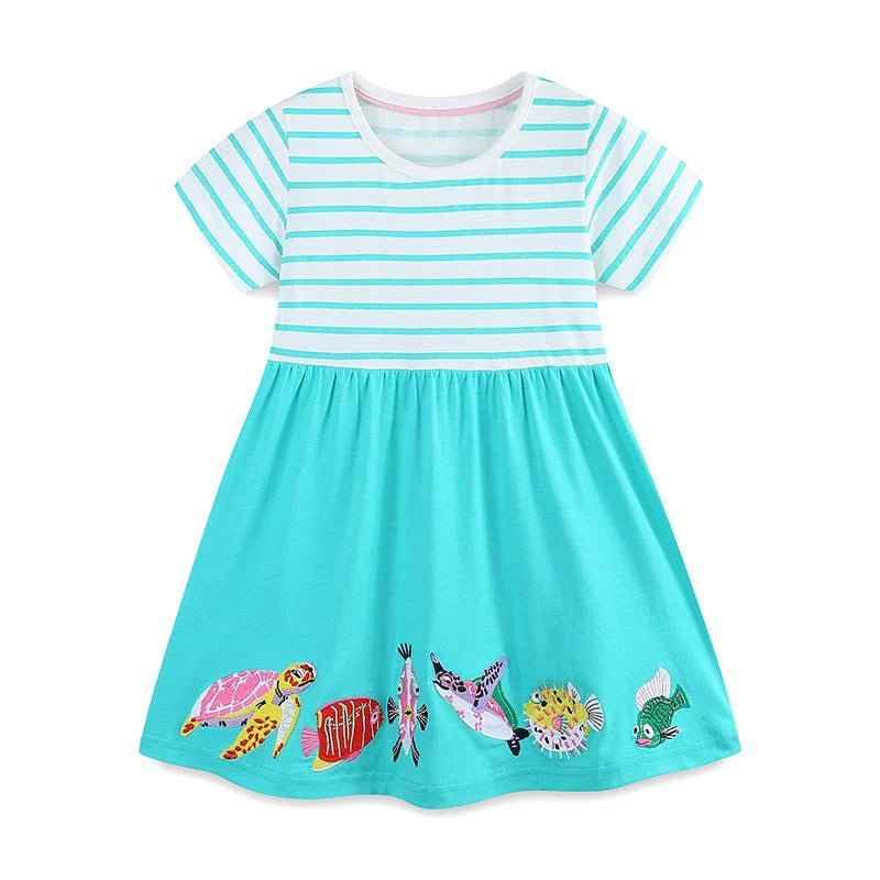 Summer Arrival Animals Cartoon Pattern Short Sleeves Striped Dress for Stylish Girls
