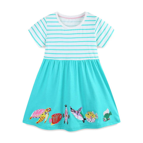 Summer Arrival Animals Cartoon Pattern Short Sleeves Striped Dress for Stylish Girls