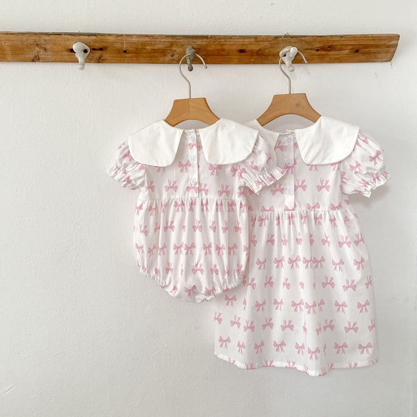 Summer Baby Girls French-style Butterfly-bow Pattern Short Sleeves Onesies and Dress – Princess Sister Matching Set