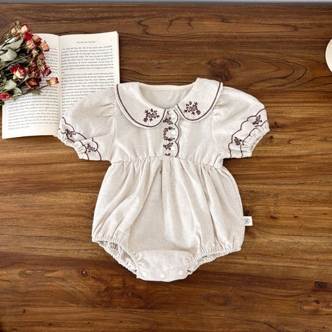 Summer Arrival Baby Girls Short Sleeves Flowers Embroidered Onesies