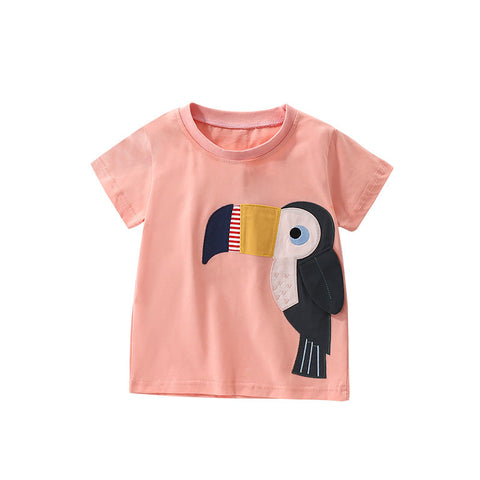Summer Girls’ Bird Cartoon Pattern Pink T-shirt in European and American Style