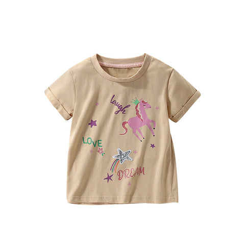 Summer Kids’ Cartoon Horse and Letters Pattern T-shirt in European and American Style