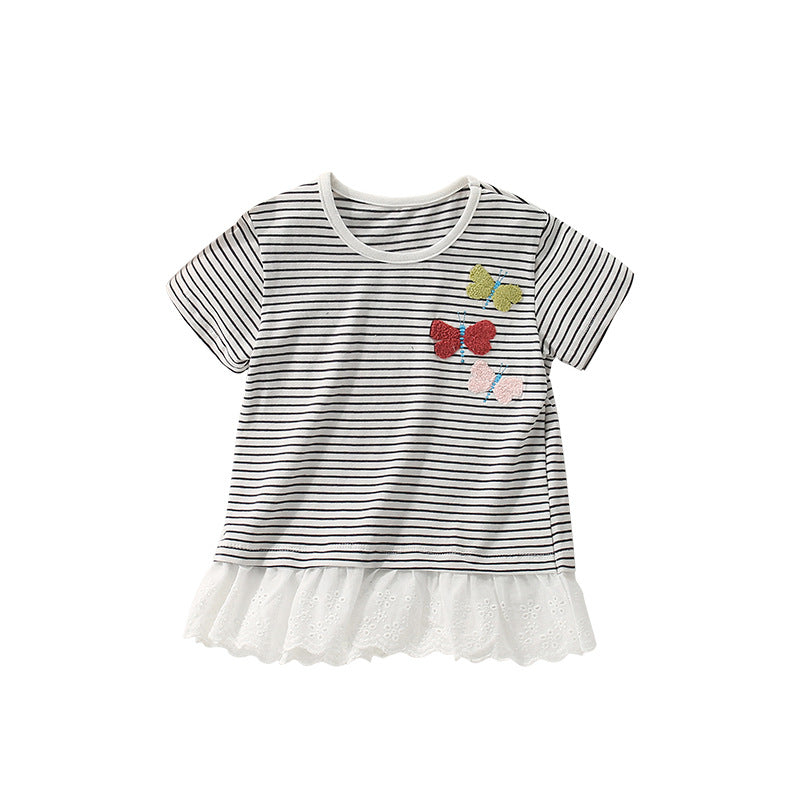 Summer Girls’ Butterfly Pattern Striped T-shirt in European and American Style