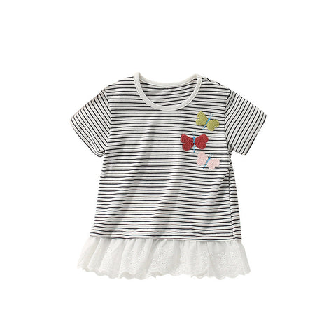 Summer Girls’ Butterfly Pattern Striped T-shirt in European and American Style