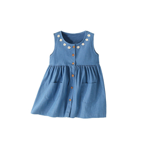 Summer Arrival Flowers Pattern Sleeveless Single Breasted Dress for Stylish Girls