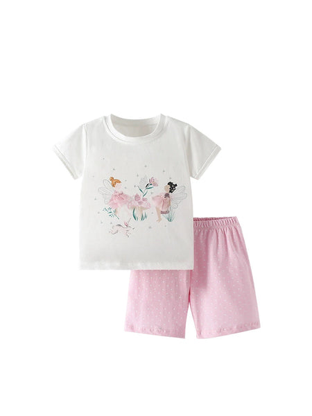 Summer Baby Kids Fairy Cartoon Pattern T-shirt and Pink Shorts Clothing Set for Girls