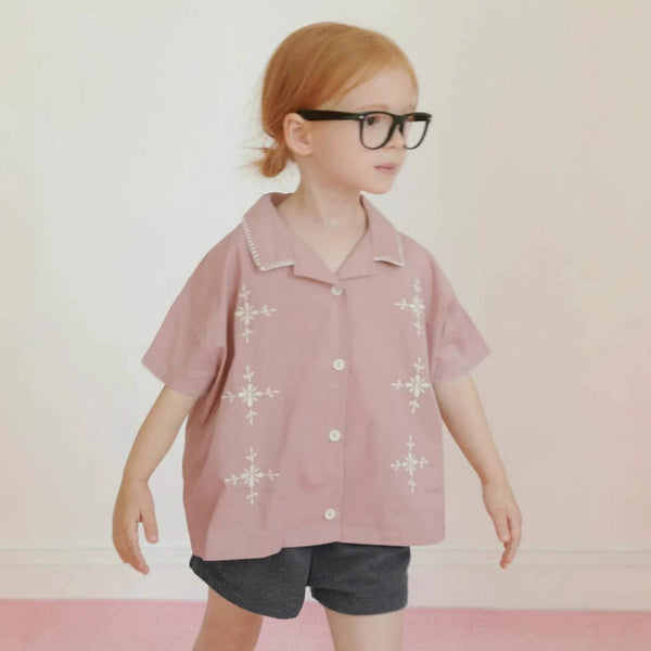Summer Hot Selling Baby Kids Girls Short Sleeves Flowers Pattern Embroidered Shirt