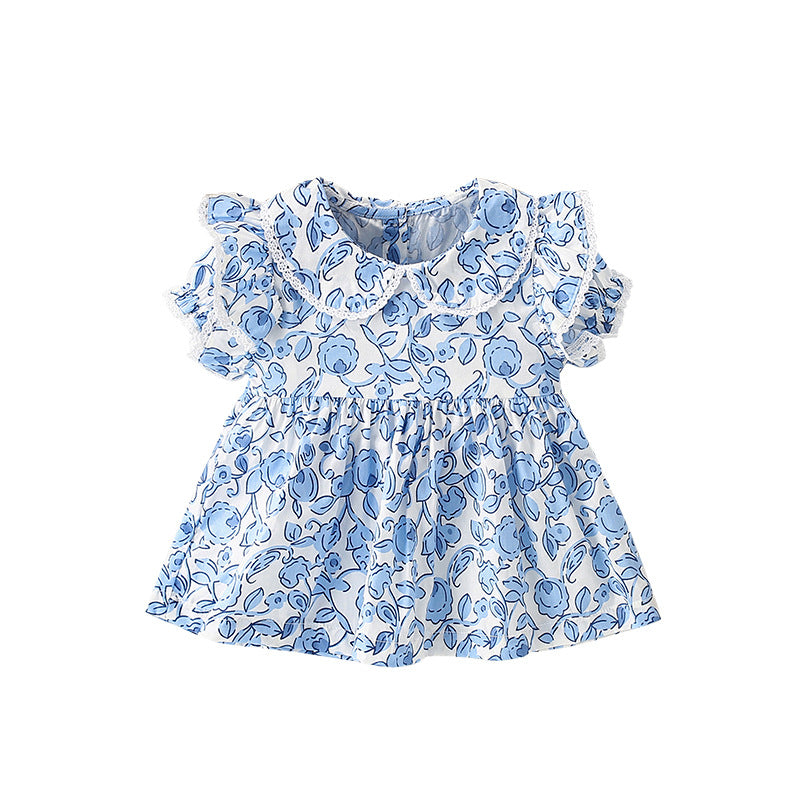 Summer Girls’ Flowers Pattern Printed Top in European and American Style