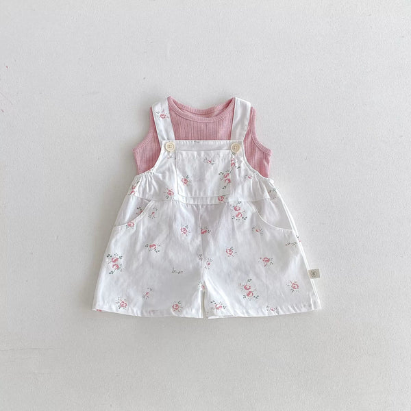 Summer Arrival Baby Kids Girls Sleeveless Floral Pattern Strap Overalls and Pink Vest Clothing Set