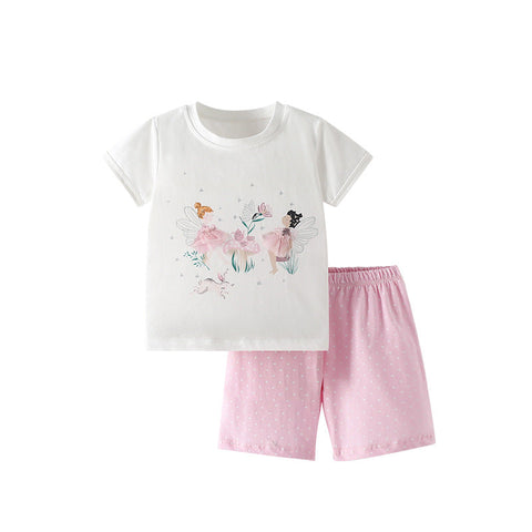 Summer Baby Kids Fairy Cartoon Pattern T-shirt and Pink Shorts Clothing Set for Girls