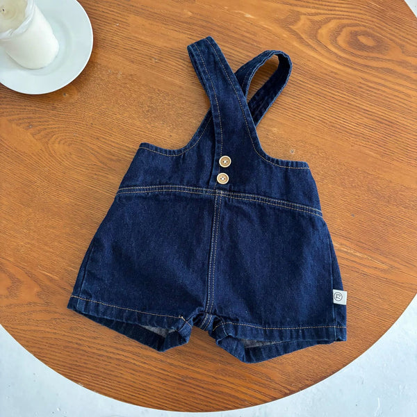 Summer Arrival Baby Kids Unisex Sleeveless Solid Color Denim Strap Overalls and White T-Shirt Clothing Set