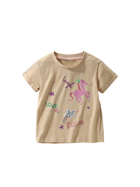 Summer Kids’ Cartoon Horse and Letters Pattern T-shirt in European and American Style