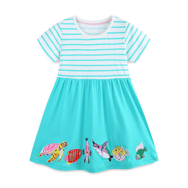 Summer Arrival Animals Cartoon Pattern Short Sleeves Striped Dress for Stylish Girls