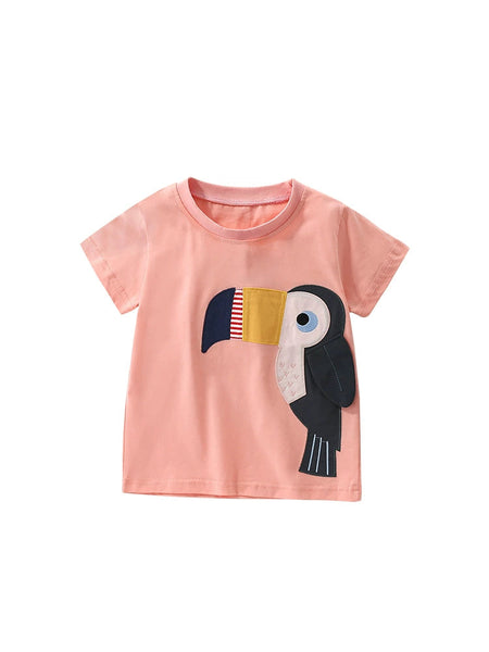 Summer Girls’ Bird Cartoon Pattern Pink T-shirt in European and American Style