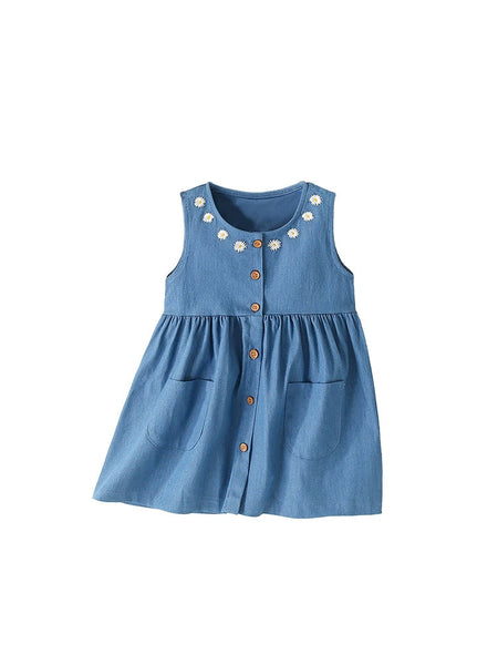 Summer Arrival Flowers Pattern Sleeveless Single Breasted Dress for Stylish Girls