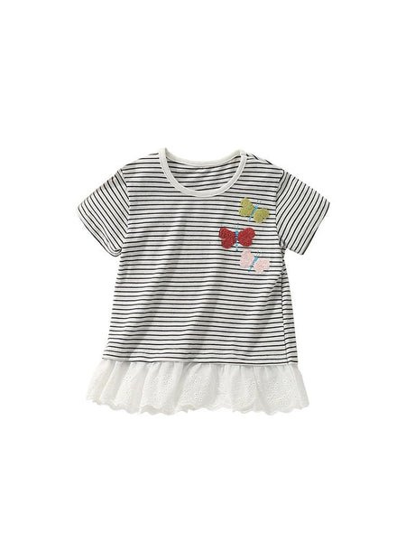 Summer Girls’ Butterfly Pattern Striped T-shirt in European and American Style