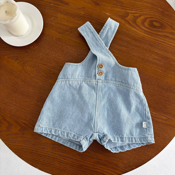 Summer Arrival Baby Kids Unisex Sleeveless Solid Color Denim Strap Overalls and White T-Shirt Clothing Set