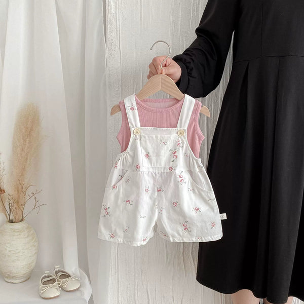 Summer Arrival Baby Kids Girls Sleeveless Floral Pattern Strap Overalls and Pink Vest Clothing Set